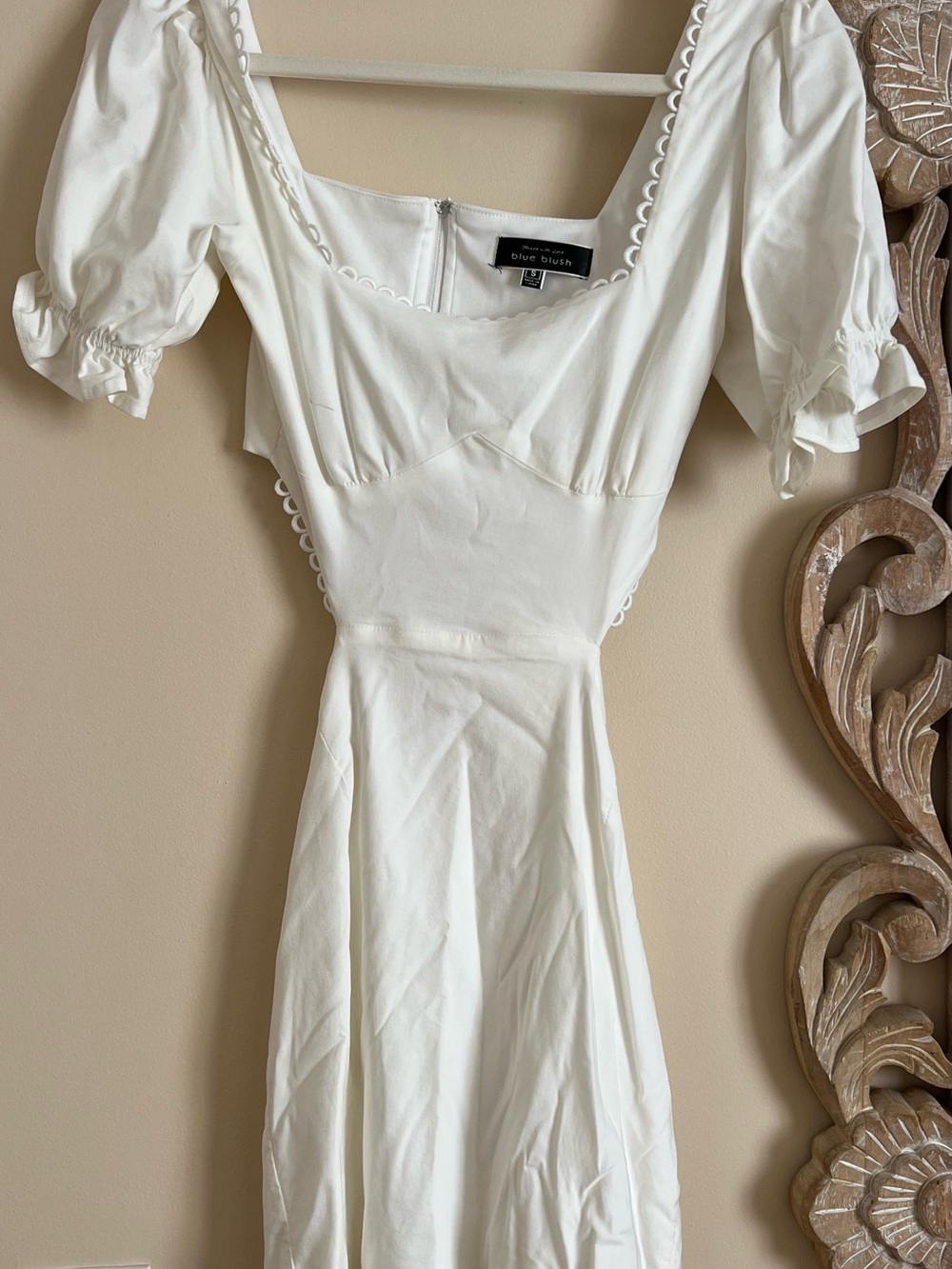 Blue Blush White Puff-Sleeve Mini Dress with Scalloped Trim